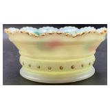 Antique Heisey Custard Uranium Glass Master Berry Bowl and 6 Sauce Bowls with Hand Painted Roses and Gold Trim
