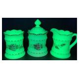 Antique Heisey Hand Painted Roses Custard Uranium Glass Ring Band Creamer, Celery Vase and Sugar with Lid