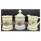Antique Heisey Hand Painted Roses Custard Uranium Glass Ring Band Creamer, Celery Vase and Sugar with Lid