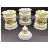 Antique Heisey Hand Painted Roses Custard Uranium Glass Ring Band Creamer, Celery Vase and Sugar with Lid