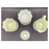 Antique Heisey Hand Painted Roses Custard Uranium Glass Ring Band Creamer, Celery Vase and Sugar with Lid