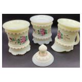 Antique Heisey Hand Painted Roses Custard Uranium Glass Ring Band Creamer, Celery Vase and Sugar with Lid