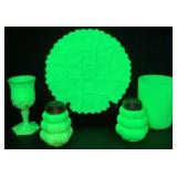 Antique Custard Uranium Glass Northwood Wright Twig 7" Plate, 4" Tumbler, Salt & Pepper Set and 4.25" H Cordial Glass