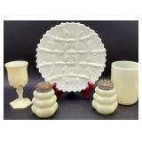 Antique Custard Uranium Glass Northwood Wright Twig 7" Plate, 4" Tumbler, Salt & Pepper Set and 4.25" H Cordial Glass