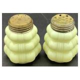 Antique Custard Uranium Glass Northwood Wright Twig 7" Plate, 4" Tumbler, Salt & Pepper Set and 4.25" H Cordial Glass