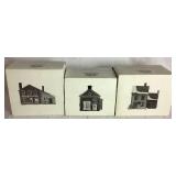 New England Village Series Retired Dept 56 Livery Stable & Boot Shop, Apothecary Shop and Nathaniel Bingham Fabrics & Post Office