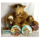 Vintage Alf Collection - Contains one 1987 Alien Productions Talking Alf with Cassette (Missing Battery Cover) and  2 Burger King "Many Faces of Alf" Record and Puppet Sets