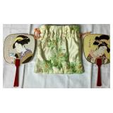 Asian Collection of Vases, Fans, Pitcher, Plate and Carved Village Scene