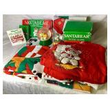 Miscellaneous SantaBear Collection - Outoor Flag Cookie Mold, 2 Decorative Water Globes, Button Covers, 1996 Throw Blanket, Santa Bear Sweatshirts (2 L and 3 XL), and Small Photo Album