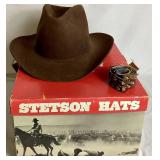 Brown Stetson 5X Beaver Felt Fur Cowboy Hat Size 7 3/8 with Feather Hat Band (Comes with Original Box) - small holes/imperfections on one side from pins placed on hat