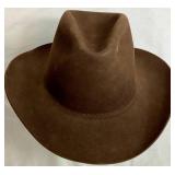 Brown Stetson 5X Beaver Felt Fur Cowboy Hat Size 7 3/8 with Feather Hat Band (Comes with Original Box) - small holes/imperfections on one side from pins placed on hat