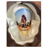 Brown Stetson 5X Beaver Felt Fur Cowboy Hat Size 7 3/8 with Feather Hat Band (Comes with Original Box) - small holes/imperfections on one side from pins placed on hat