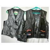 Bermans Vintage Leather Vest - Size 46, Diamond Plate Buffalo Leather Motorcycle Patch Vest - Size 3X, and Fingerless XL Gloves