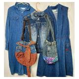Vintage Denim Collection - (2) Dresses - Size 16, (2) Handbags, (1) Denim Jacket 