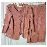 Pink 2Pc CBO New York Leather Suede Patchwork Set, Long-sleeve Button Up Top - Size 2X, and Skirt - Size 1X 