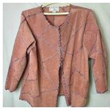 Pink 2Pc CBO New York Leather Suede Patchwork Set, Long-sleeve Button Up Top - Size 2X, and Skirt - Size 1X 