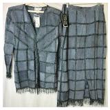 Grey 2Pc (Tags Still Attached) CBO New York Leather Suede Patchwork Long-sleeve Button Up Top and Skirt Set - Size 1X 