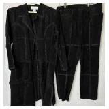 Black 2Pc CBO New York Leather  Suede Patchwork Long-sleeve Button Up Top and Pants Set - Size 1X 