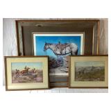 Vintage Cowboy Art - "Toll Collectors" 19.5" x 15.5" and "Loops and Swift Horses are Surer Than Lead" 19.5" x 15.5" by Charles Marion Russell and "Old Leather Denim and Dreams by R. Padre Johnson 36.5