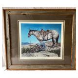 Vintage Cowboy Art - "Toll Collectors" 19.5" x 15.5" and "Loops and Swift Horses are Surer Than Lead" 19.5" x 15.5" by Charles Marion Russell and "Old Leather Denim and Dreams by R. Padre Johnson 36.5