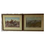 Vintage Cowboy Art - "Toll Collectors" 19.5" x 15.5" and "Loops and Swift Horses are Surer Than Lead" 19.5" x 15.5" by Charles Marion Russell and "Old Leather Denim and Dreams by R. Padre Johnson 36.5