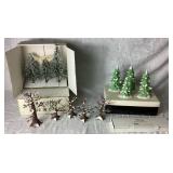 Department 56 Village Accessories - Variety of Trees, 5 Trees with Cardinals, 1 Flexible Sisal Hedge, Set of 4 Porcelain Snow Capped Trees, and Norway Scotch Flocked Pine Trees