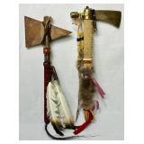 Native America Tomahawk/Hatchet with Wrapped Leather Handle and Feathers and Brass Hatchet with Leather, Fur and Feathers