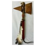 Native America Tomahawk/Hatchet with Wrapped Leather Handle and Feathers and Brass Hatchet with Leather, Fur and Feathers