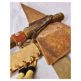 Native America Tomahawk/Hatchet with Wrapped Leather Handle and Feathers and Brass Hatchet with Leather, Fur and Feathers