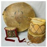 Collection of Vintage Native American Drums and One Parfleche Medicine Bag