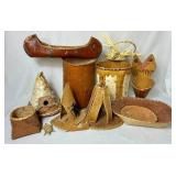 Collection of Handmade Birch Bark Items - Baskets, Canoe, Teepee and Trays