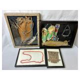 Framed Native American Artifacts - Leather Purse, Trade Beads, Leather Medicine Bag, Beaded Knife Sheath and more