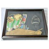 Framed Native American Artifacts - Leather Purse, Trade Beads, Leather Medicine Bag, Beaded Knife Sheath and more
