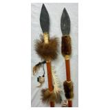 Two Handmade Native American Spears with fur and feathers
