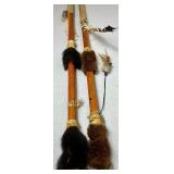 Two Handmade Native American Spears with fur and feathers