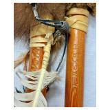 Two Handmade Native American Spears with fur and feathers