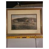 Vintage photograph of rustic buildings, framed and ready to display.