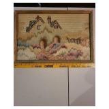 Framed Vintage Needlepoint Cottage Landscape