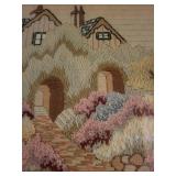 Framed Vintage Needlepoint Cottage Landscape