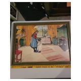 Vintage Framed Artwork of Children in a Kitchen Scene