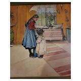Vintage Framed Artwork of Children in a Kitchen Scene