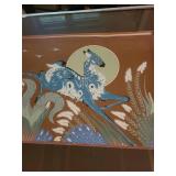 Woody Wilson Crumbo Vintage Framed Artwork of a Blue Deer with Sun Motif - Not Authenticated