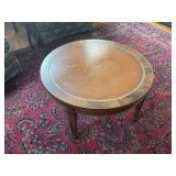 Round Vintage Coffee Table with Leather Inlay and Wood Finish