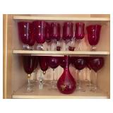 Collection of Ruby Red and Cranberry Crystal Wine Glasses with Decanter