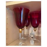 Collection of Ruby Red and Cranberry Crystal Wine Glasses with Decanter