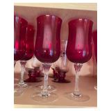 Collection of Ruby Red and Cranberry Crystal Wine Glasses with Decanter