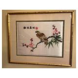 Framed Silk Embroidery Asian Artwork of Bird and Blossoms