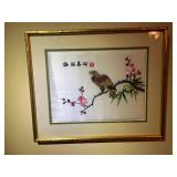 Framed Silk Embroidery Asian Artwork of Bird and Blossoms