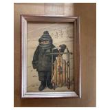 Framed Vintage Artwork of Child with Sled