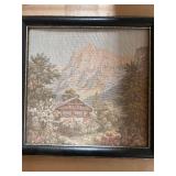 Vintage Framed Tapestry Art with Mountain Scene